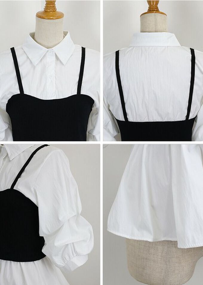 日本 BLUE EAST - 假二件俐落時尚疊穿五分袖上衣-黑x水藍