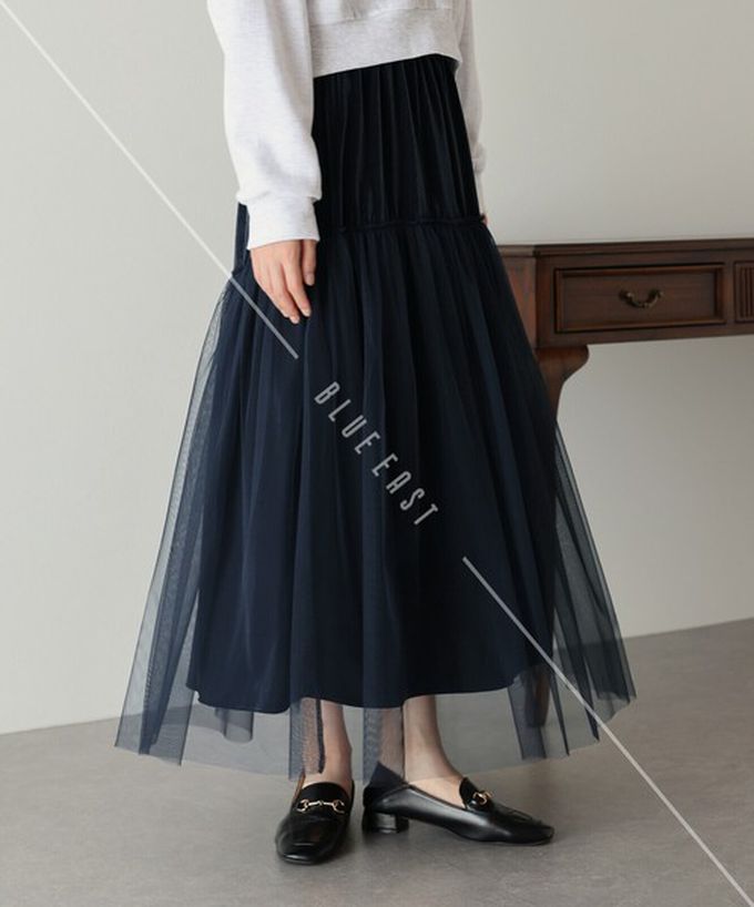 日本 BLUE EAST - 薄紗絲絨拼接飄逸長裙-(可選長度)-深藍