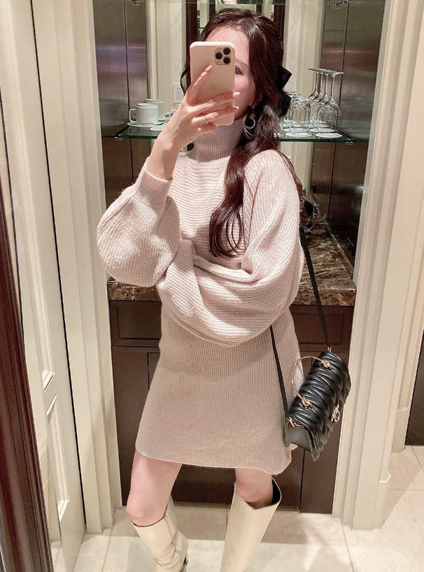 日本 GRL - 高領羅紋針織兩件式短版洋裝-知性黑