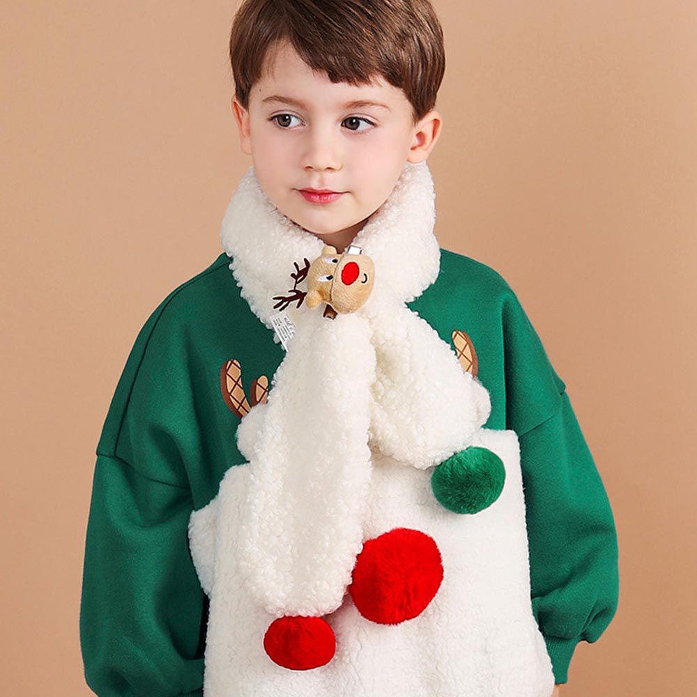 韓國 WALTON kids - 羊羔絨麋鹿裝飾圍巾/聖誕-奶油 (FREE)