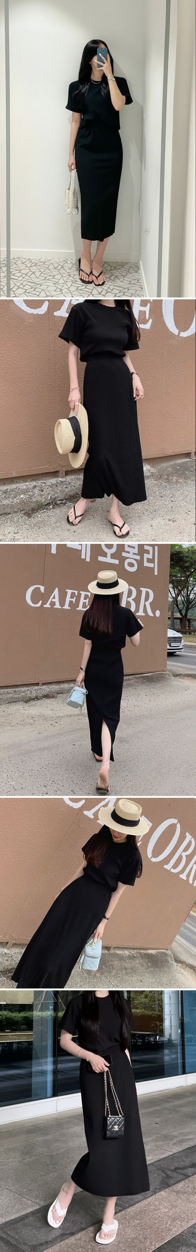 韓國 LANDING - 鬆緊腰直紋修身長裙-淺薄荷綠 (FREE)