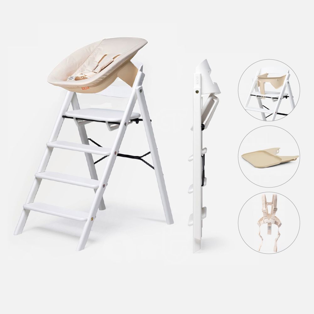 Klapp折疊成長餐椅新生兒經典組(經典櫸木)-主體＋嬰兒躺椅+護圍＋餐盤+安全帶 (挪威白)