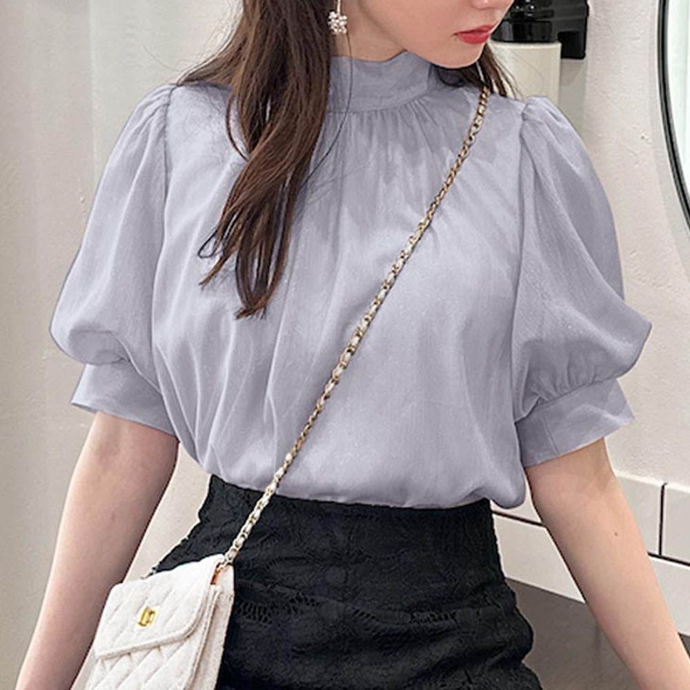 後綁帶柔美光澤雪紡泡泡袖上衣-石英藍 (F)