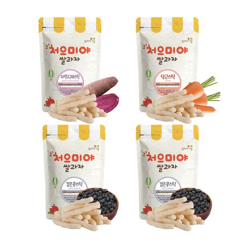 韓國SSALGWAJA米餅村 - 免運組-寶寶糙米棒-獨有口味4入組-黑豆*2/胡蘿蔔/甜紫薯-40g/包，共4包
