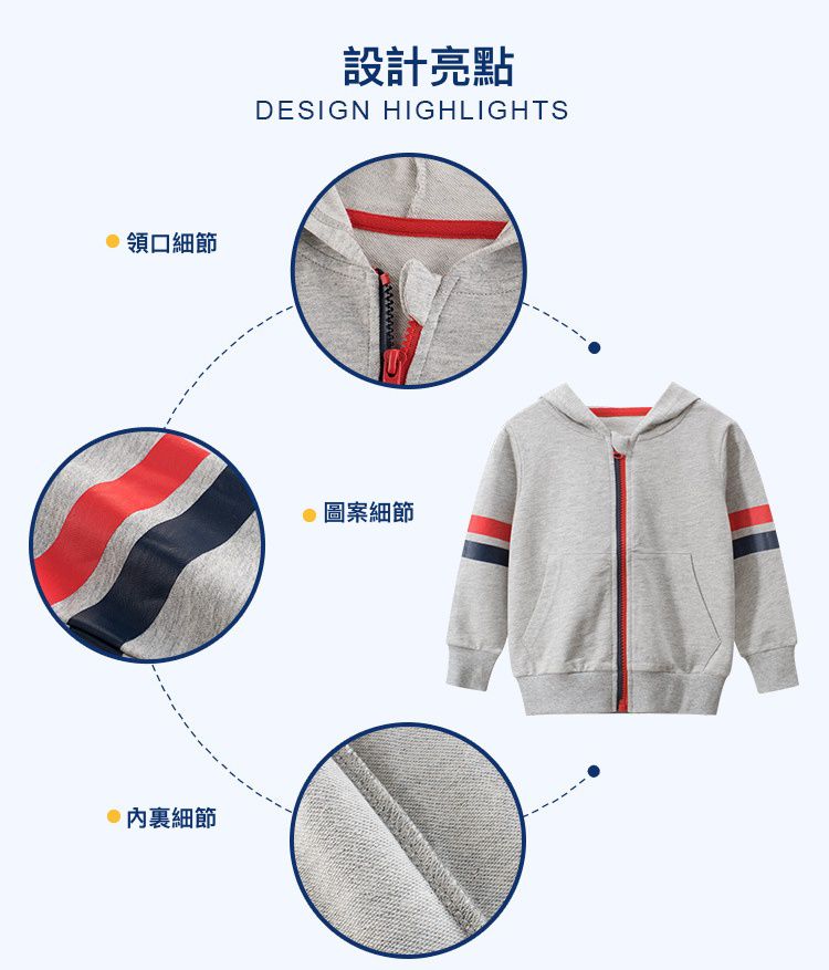 純棉連帽外套-撞色條紋-灰色x紅色