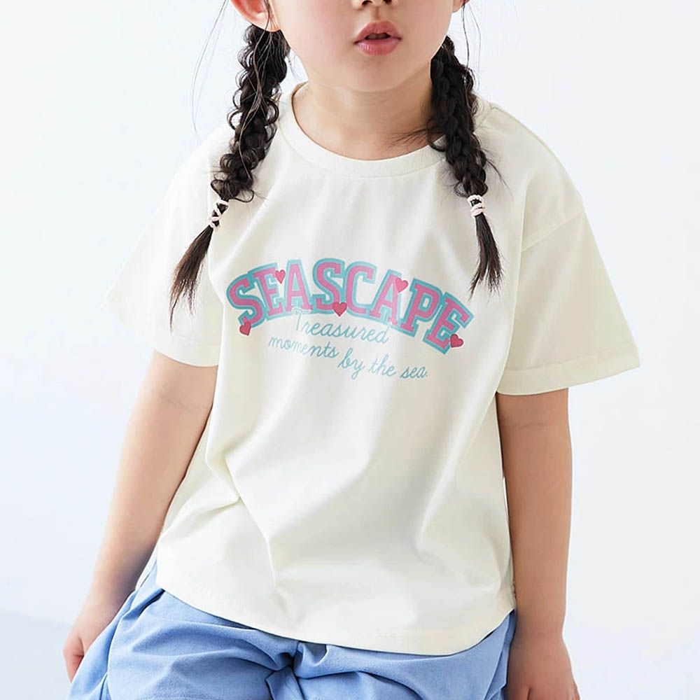 接觸涼感 女孩印花短袖上衣-小愛心英文-白