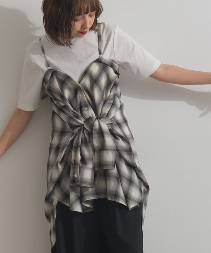 日本 ELENCARE DUE - 2way穿法輕盈透膚寬版薄襯衫-格紋-米棕系