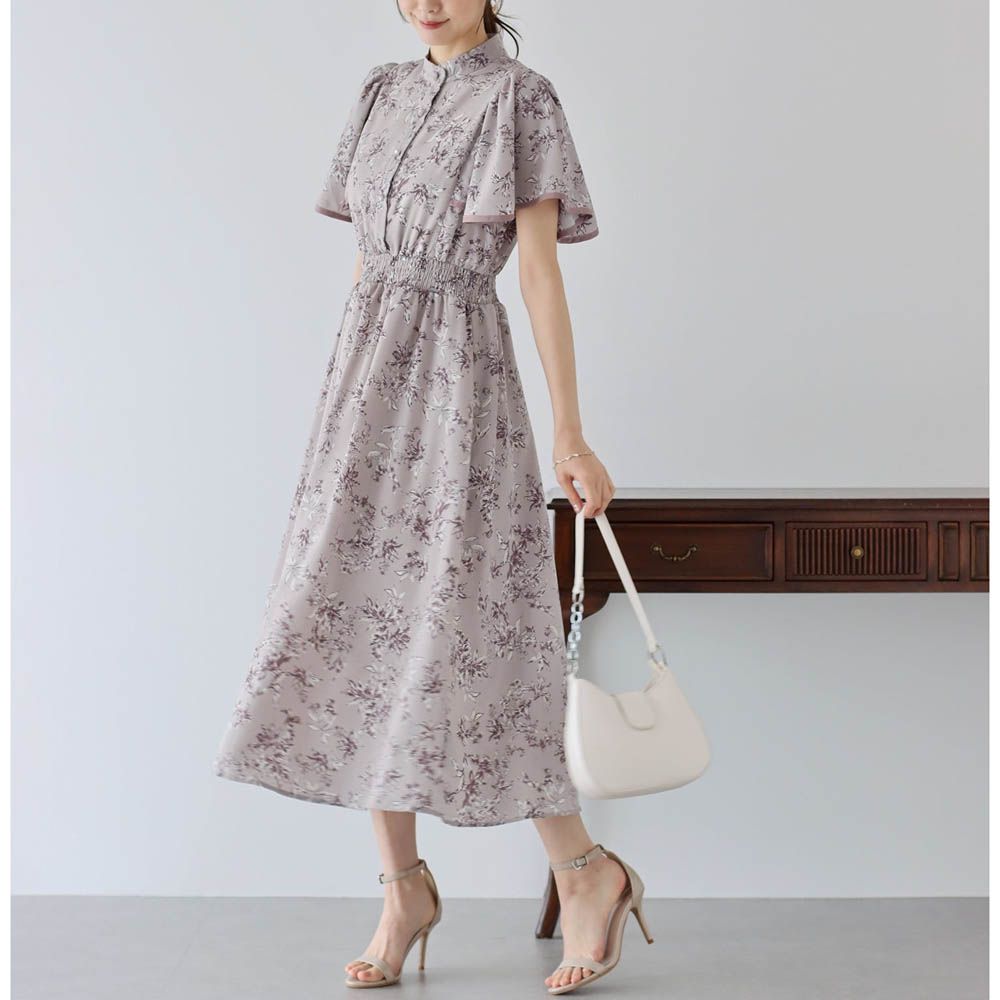 浪漫時光碎花雪紡短袖洋裝-水彩花紋-粉