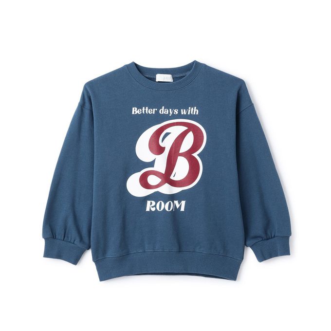 日本 b-ROOM - 100%棉 美式印花縮口大學長袖上衣-雜灰