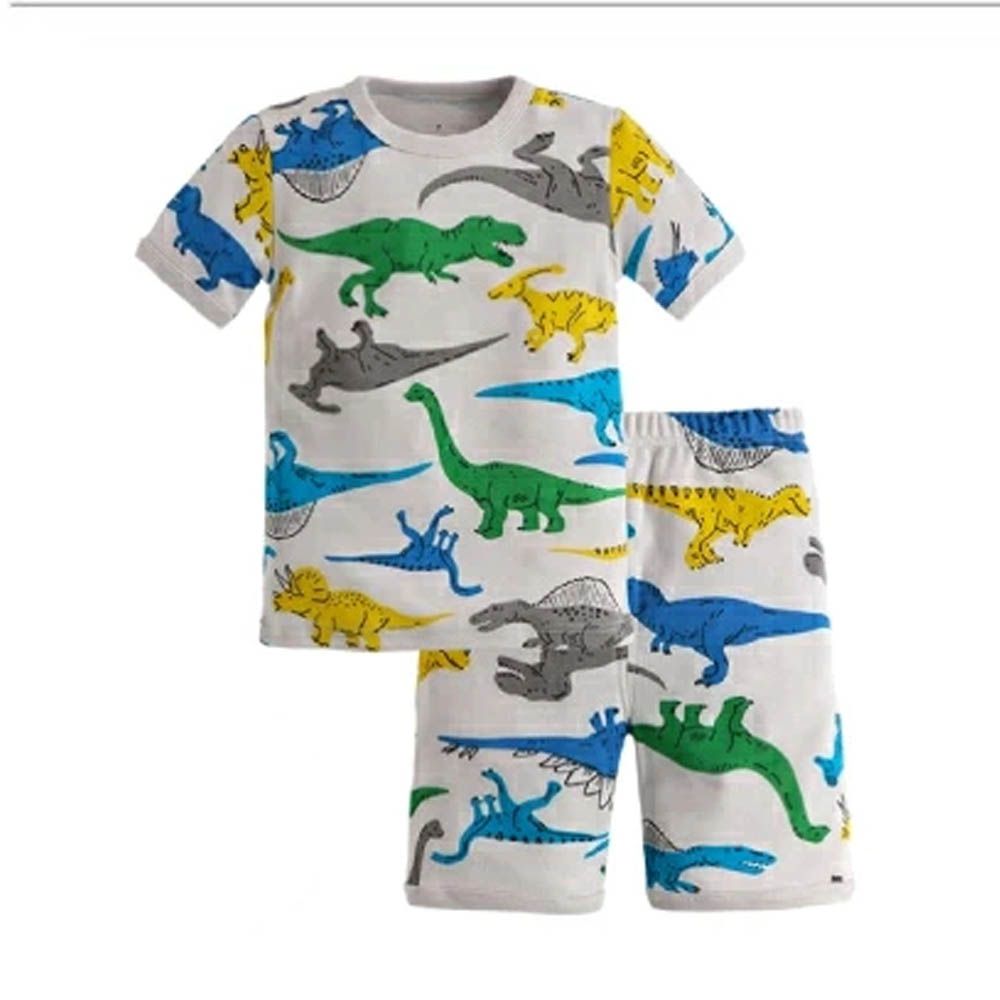 100%棉 舒適短袖睡衣/家居服-藍綠恐龍-米白