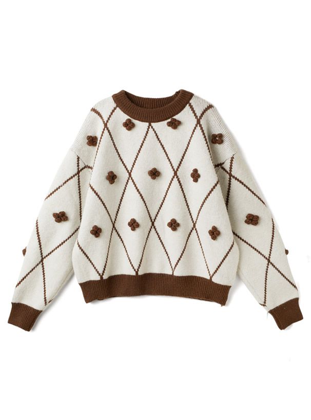 日本 GRL - 幾何菱格小花針織毛衣-米