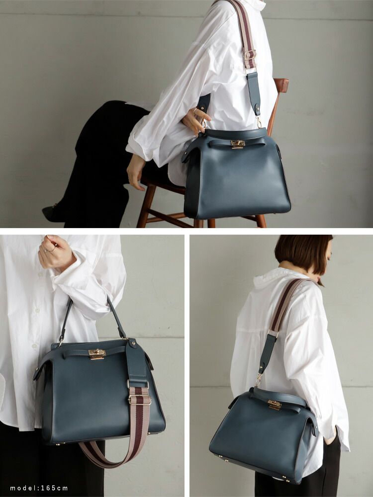 日本代購 - 時尚寬帶金釦2WAY肩背/手提包-復古藍 (M(約26x30cm))