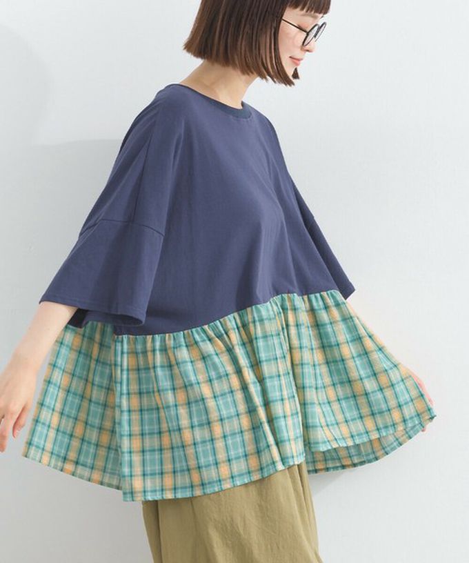 日本 Lupilien - 接觸涼感 可愛格紋休閒五分袖上衣-白