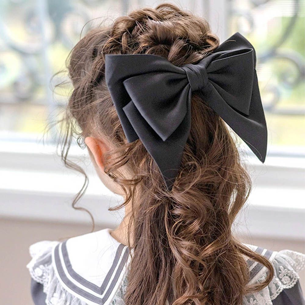 夢幻光澤蝴蝶結緞帶髮夾-黑