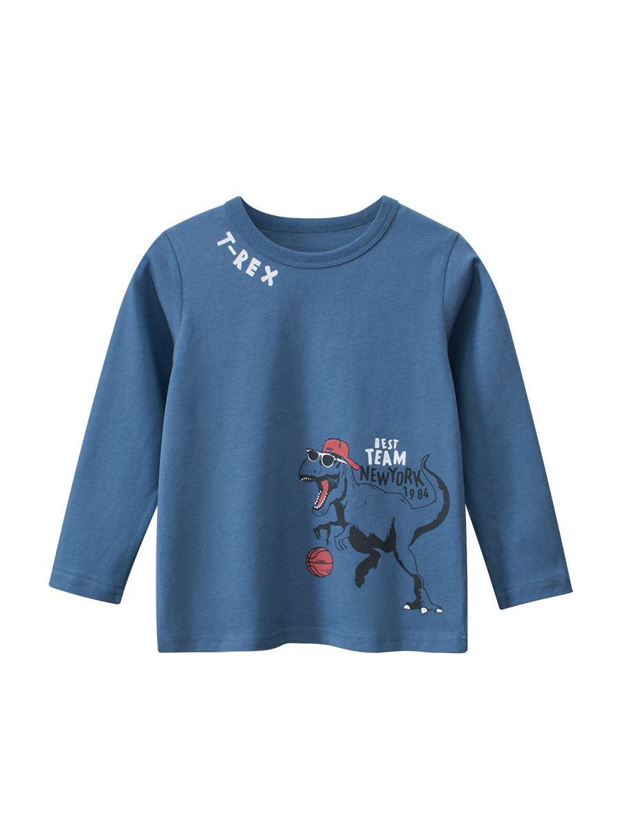純棉圓領薄長袖上衣-嘻哈籃球恐龍-藍色