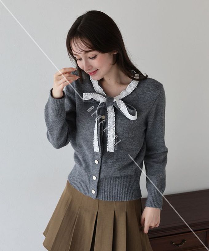 日本 BLUE EAST - 少女爛漫蕾絲蝴蝶結開襟衫-黑