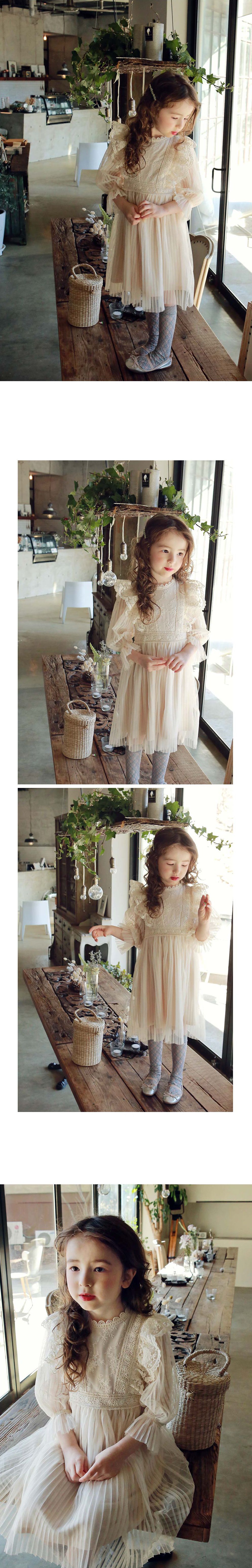 韓國 PuellaFLO - 透膚華麗蕾絲百褶紗裙洋裝-米白