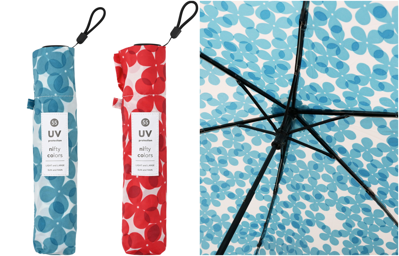 日本 nifty colors - 抗UV輕量 晴雨兩用折疊傘-夏日四瓣花-水藍 (直徑98cm/131g)-92.00%