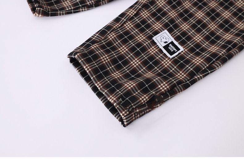 卡通人物史努比腰鬆緊休閒寬褲-格紋款-黑色