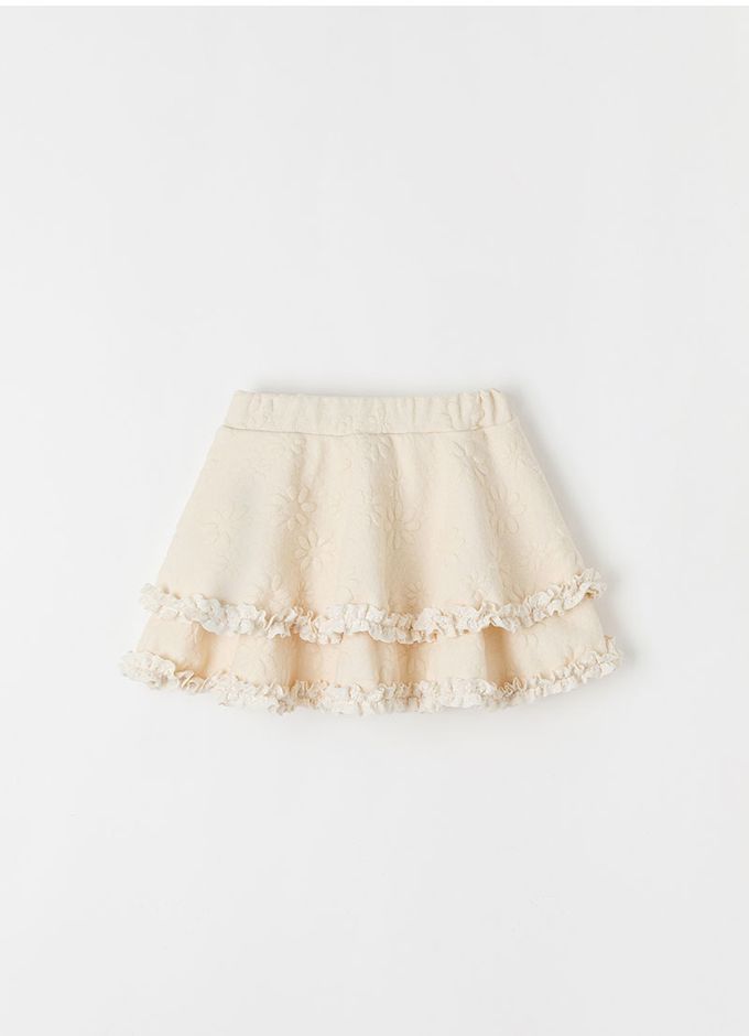 韓國 OZKIZ - 鬆緊腰立體花朵印拼接感短裙-米白