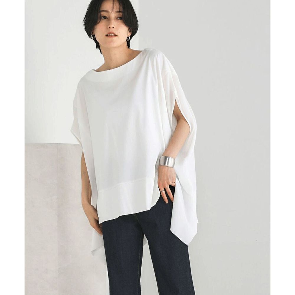 日本 Bou Jeloud - 棉X光澤感異材質不規則短袖上衣-白