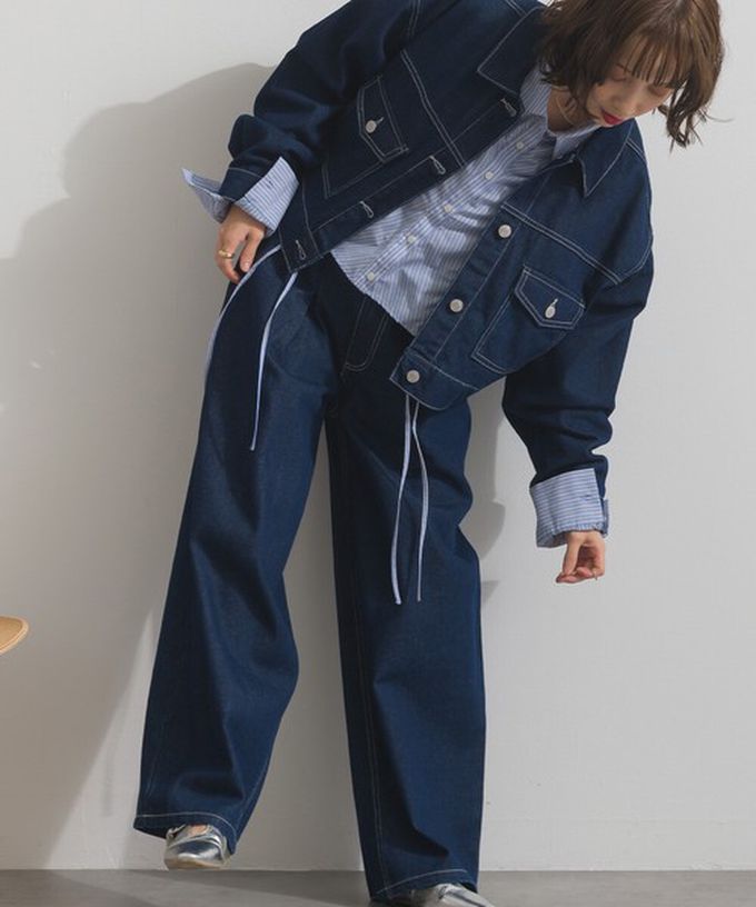 日本 ELENCARE DUE - 10oz 立體摺線後腰鬆緊牛仔褲-刷色藍