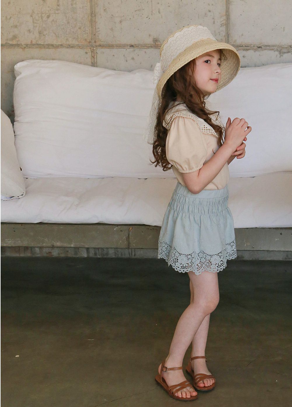 韓國 PuellaFLO - 鏤空格子大白領上衣-蜜桃粉