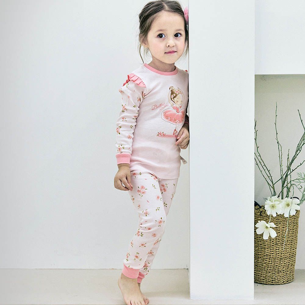 細緻柔棉彈性長袖家居服-芭蕾女孩-淺粉