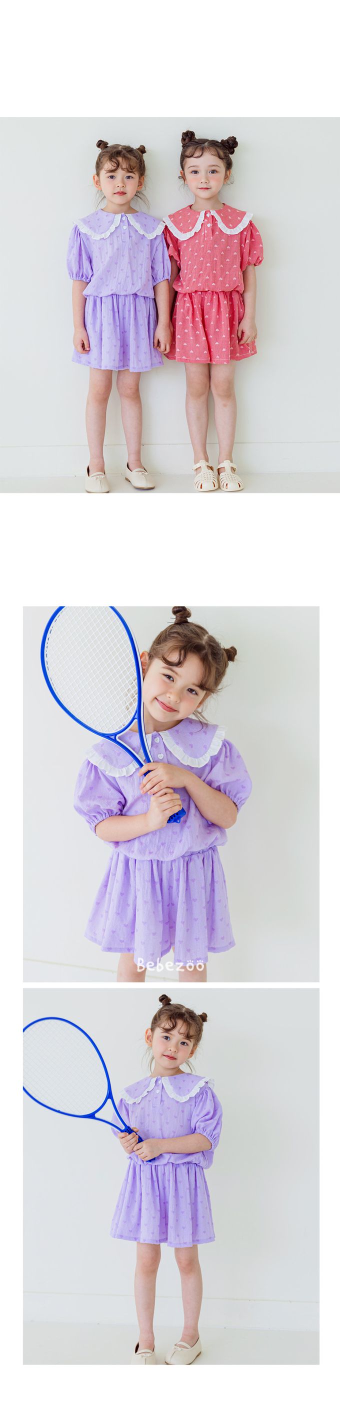 韓國 Bebezoo - 愛心細格荷葉翻領短袖套裝-紫