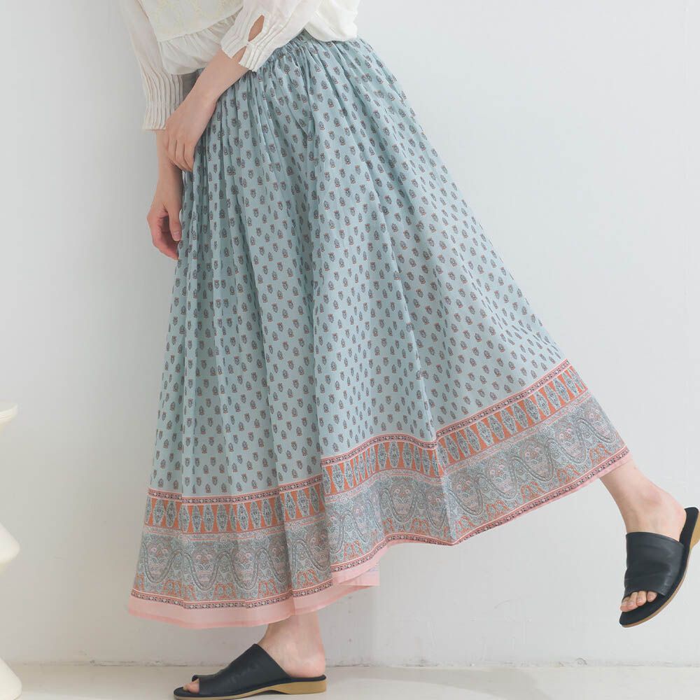 100%印度棉 清新印花柔軟長裙-圖騰-水藍