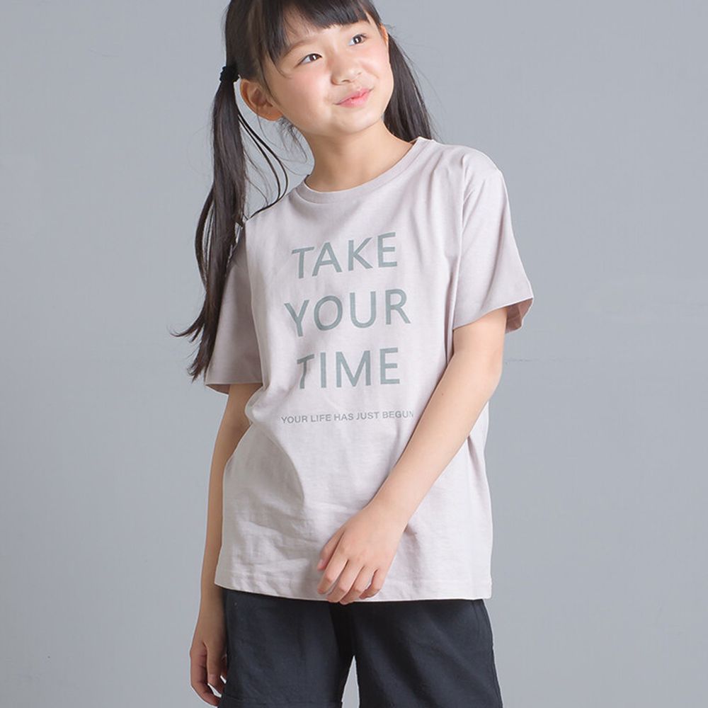 日本 OMNES - 棉麻舒適透氣印花短袖上衣(兒童)-淺灰紫