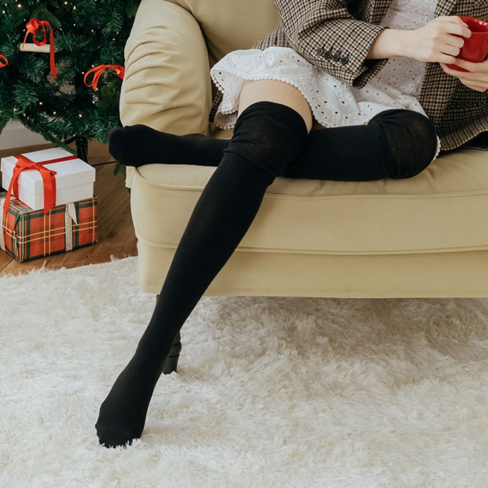 韓製泡泡堆疊過膝長筒襪/過膝襪-黑 (Free[230~260mm])