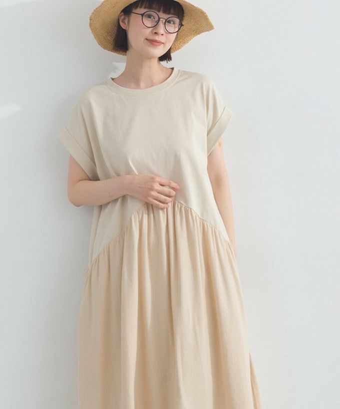 日本 Lupilien - [人氣款]亞麻混紡條紋拼接短袖洋裝-芥末黃