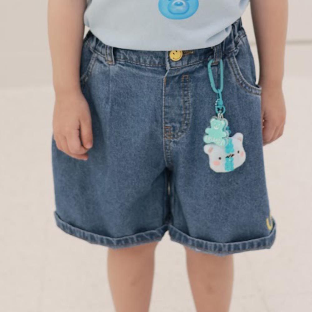 韓國 Coco rabbit - 鬆緊腰裝飾笑臉牛仔短褲-天藍熊
