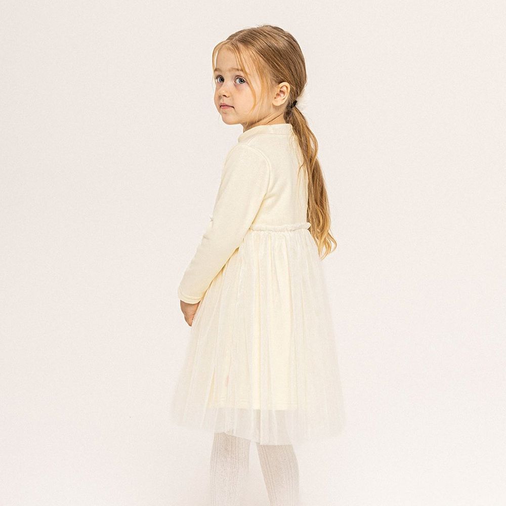 (內磨毛)柔美網紗點綴中領長袖洋裝-象牙白