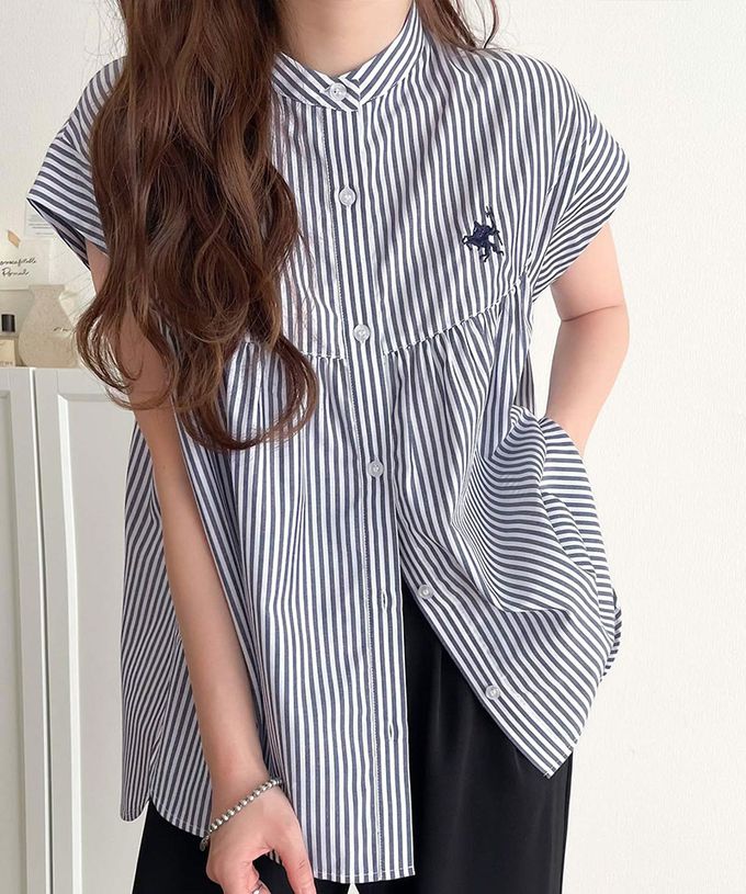 日本 Classical Elf - 刺繡logo成熟俐落法式袖襯衫-海軍藍條紋