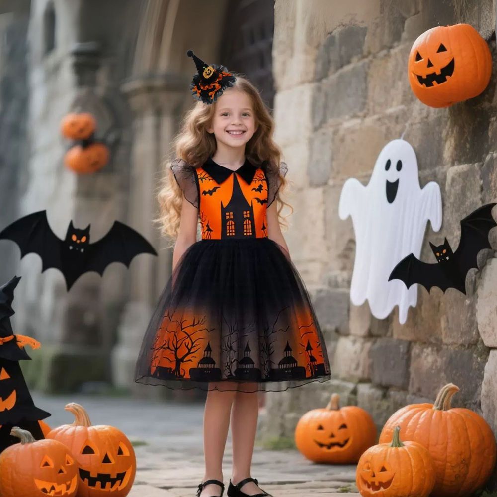 氣質風萬聖節鬼屋主題洋裝配小巫婆帽髮箍-洋裝+髮箍(不含南瓜桶)