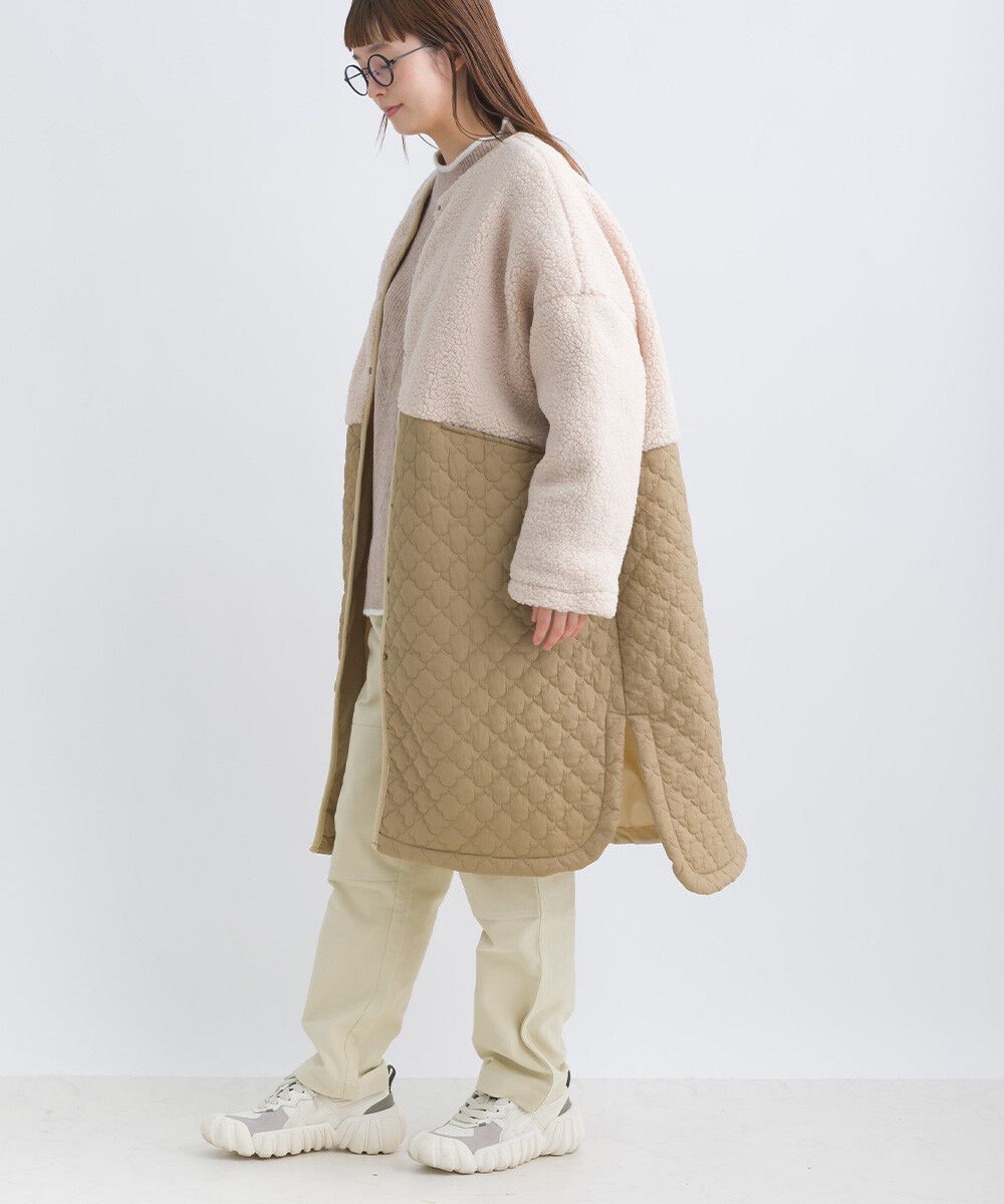 日本女裝代購 - 毛茸雲朵絎縫拼接長版鋪棉外套-軍綠