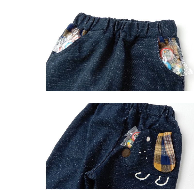 日本 ZOOLAND - 印花拼接七分褲-狗狗格紋-深藍