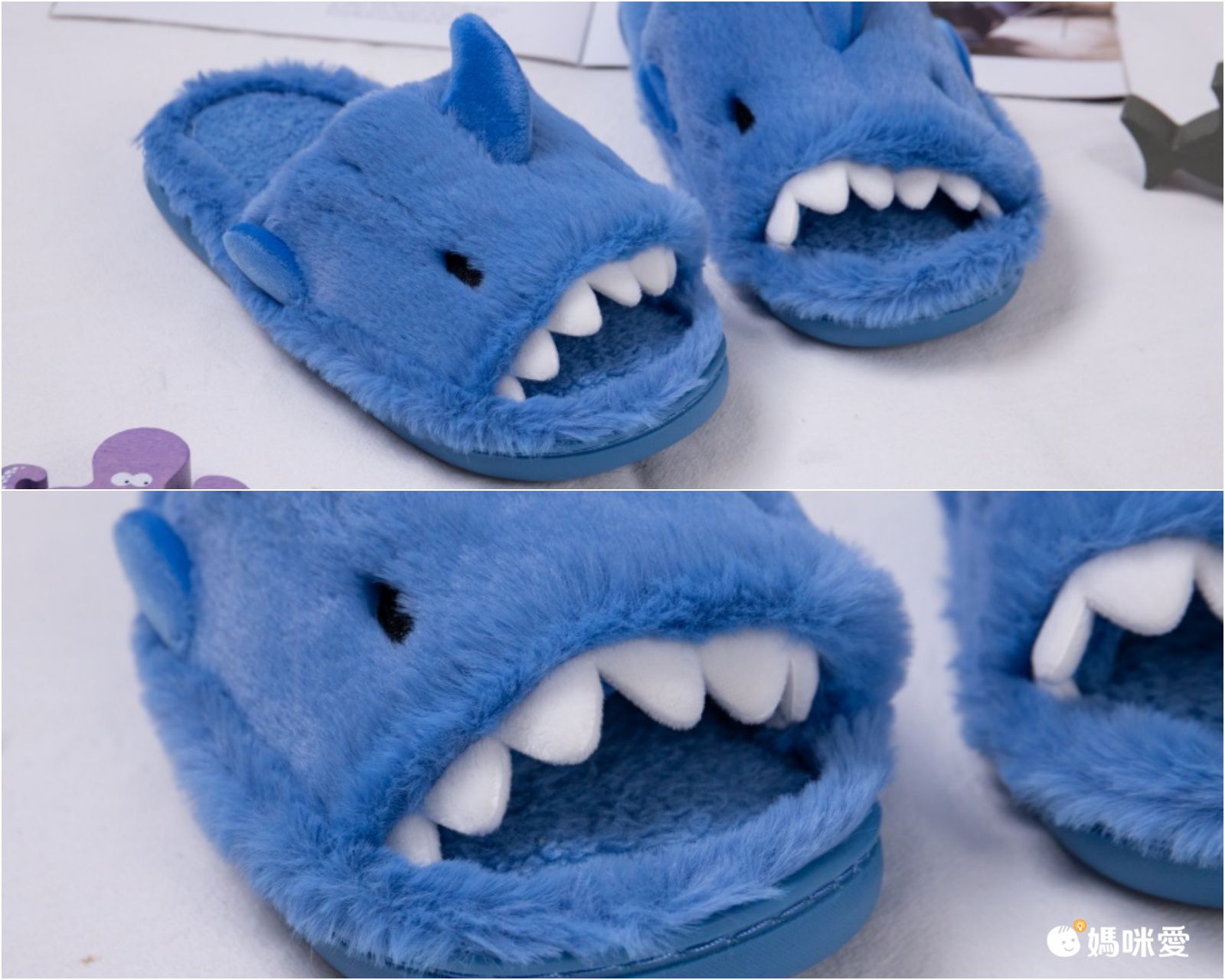 毛毛保暖室內拖鞋-可愛鯊魚-藍色