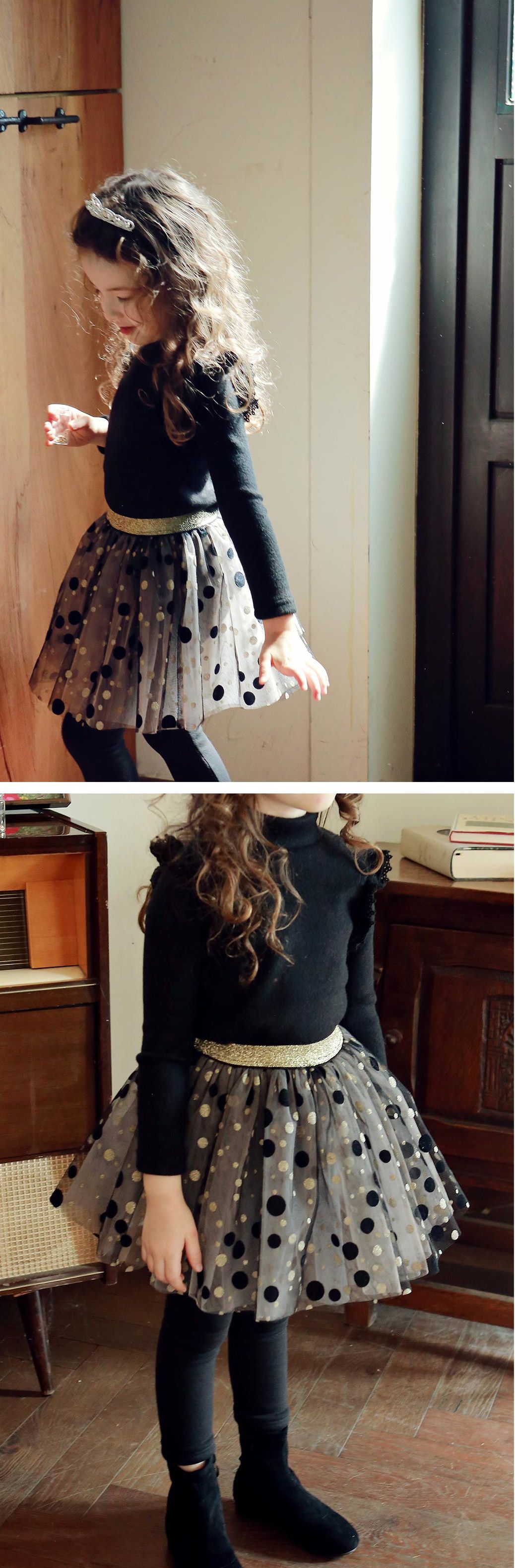 韓國 PuellaFLO - 大小波點網紗褲裙-黑