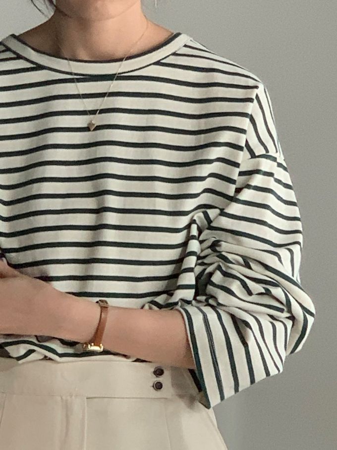 韓國女裝連線 - 不對稱後開衩條紋長袖上衣-墨綠 (FREE)