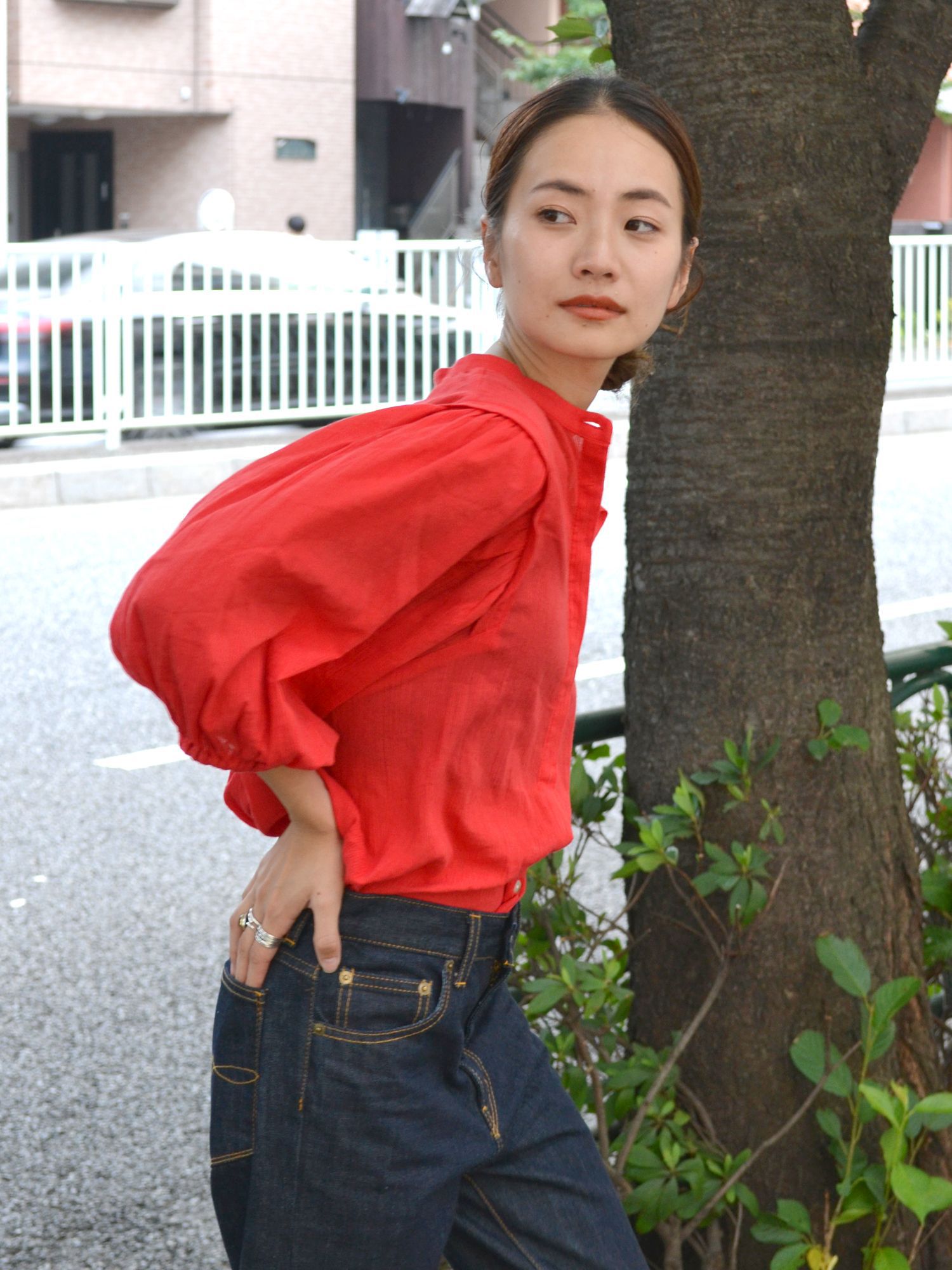 日本 Ungrid - 氣質優雅泡泡袖襯衫-紅 (F)