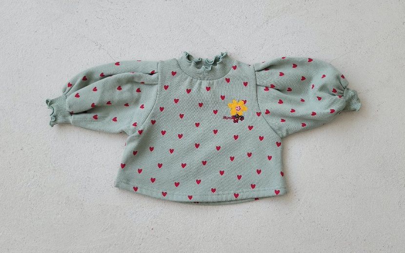 韓國 Mimico - (裏起毛)微笑花朵愛心泡泡袖T-薄荷綠