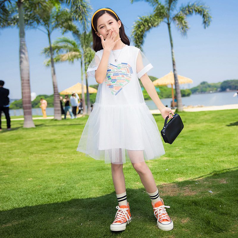 圓領短袖網紗飄飄連身裙-英文拼色愛心-粉色