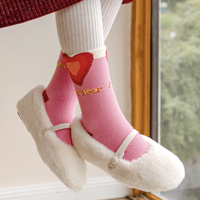 love, charlotte - 秋冬季新年可愛粉紅熊中筒棉襪-5 雙一組