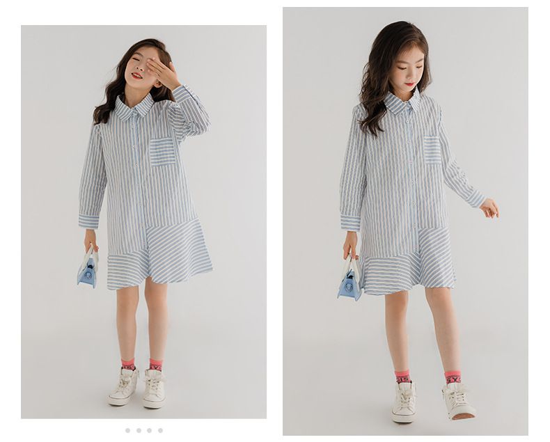 不對稱拼接直紋襯衫洋裝-藍直紋