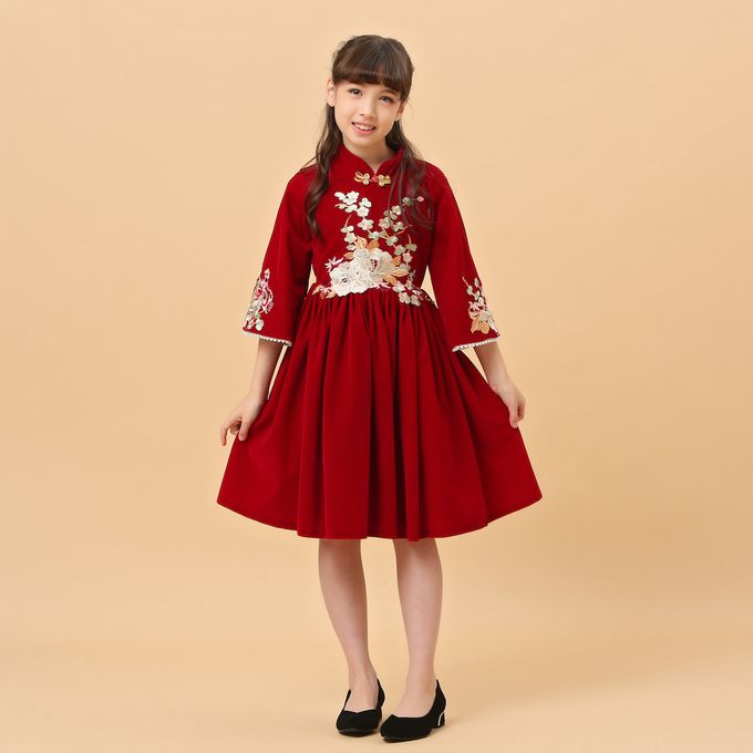 love, charlotte - 氣質中式繡花旗袍領絨面拜年洋裝禮服