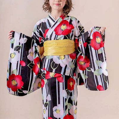 日本 Catherine Cottage - 夢幻2way純棉兵兒帶浴衣(可當洋裝)-山茶花-黑白紅
