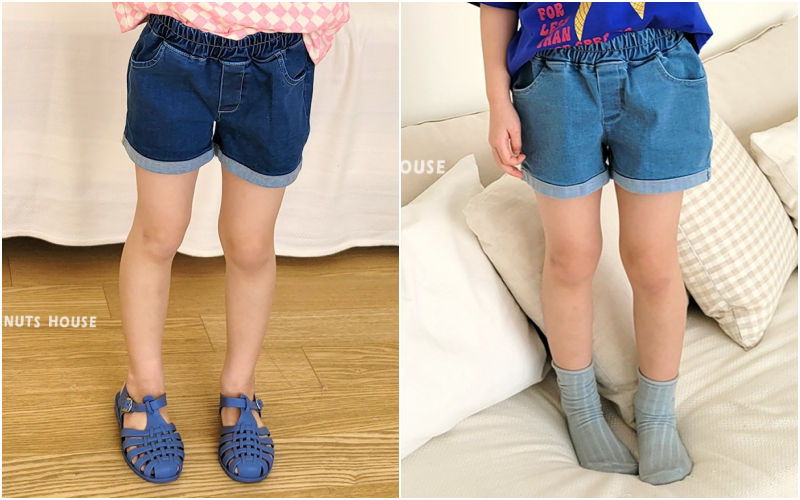 韓國 Peanuts House - 鬆緊腰褲管反折牛仔短褲-淺藍